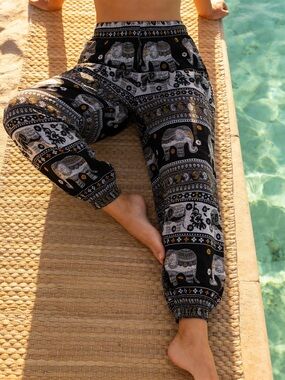 Elephant Print Harem Pants Black Boho Lounge Travel Pants